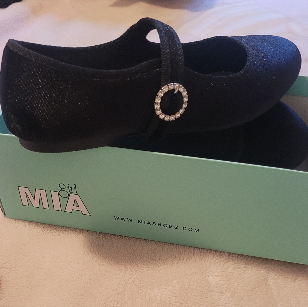 MIA Black Velvet Mary Jane Flats with Rhinestone Circle Accent